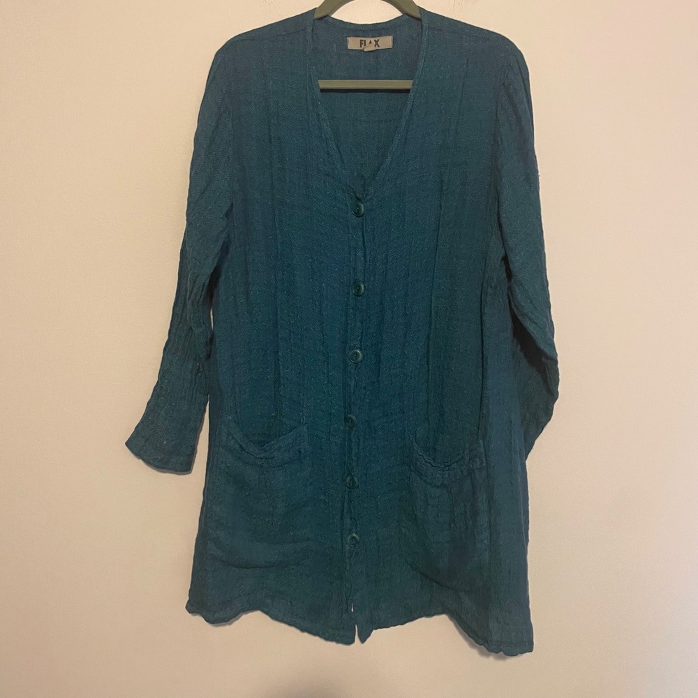 Flax linen slouchy button down tunic top blue M minimalist lagenlook oversized